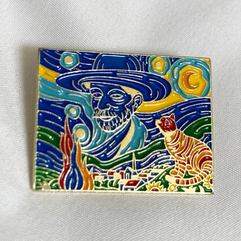 New Van Gogh & Cat Enamel Pin with Starry Night Style Scene